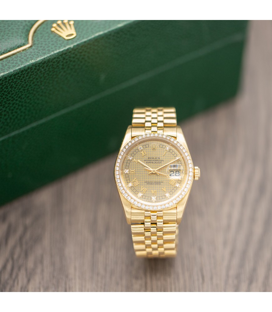 Rolex Datejust 36 Rare Houndstooth Diamond Dial Vintage 18k Yellow