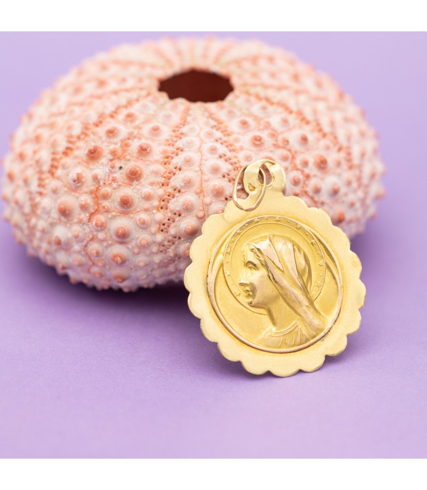 18k French Floral gold Virgin Mary charm - Estate engraved pendant