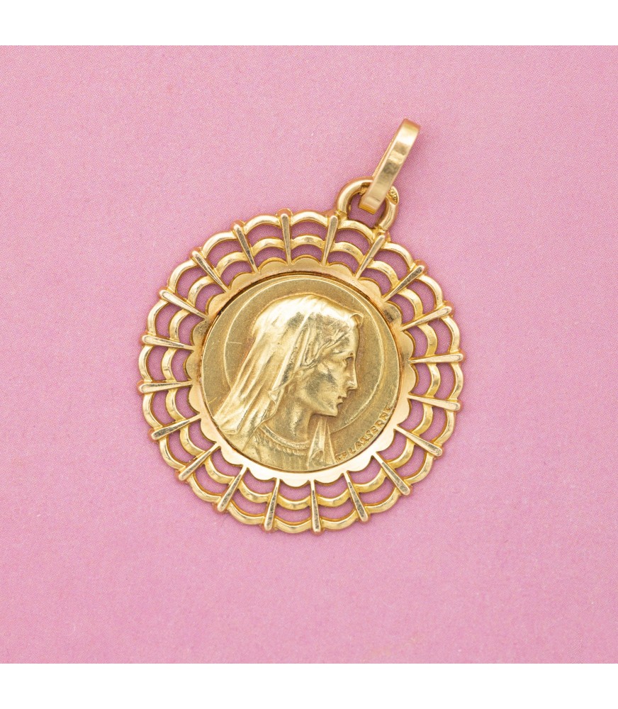 18k French Retro yellow gold Virgin Mary charm - Big Estate pendant