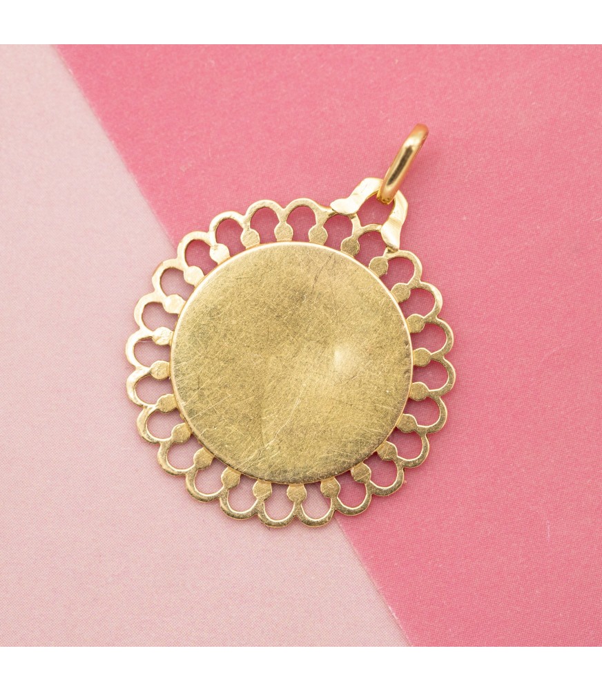 18k French solid yellow gold Virgin Mary charm - Floral Estate pendant