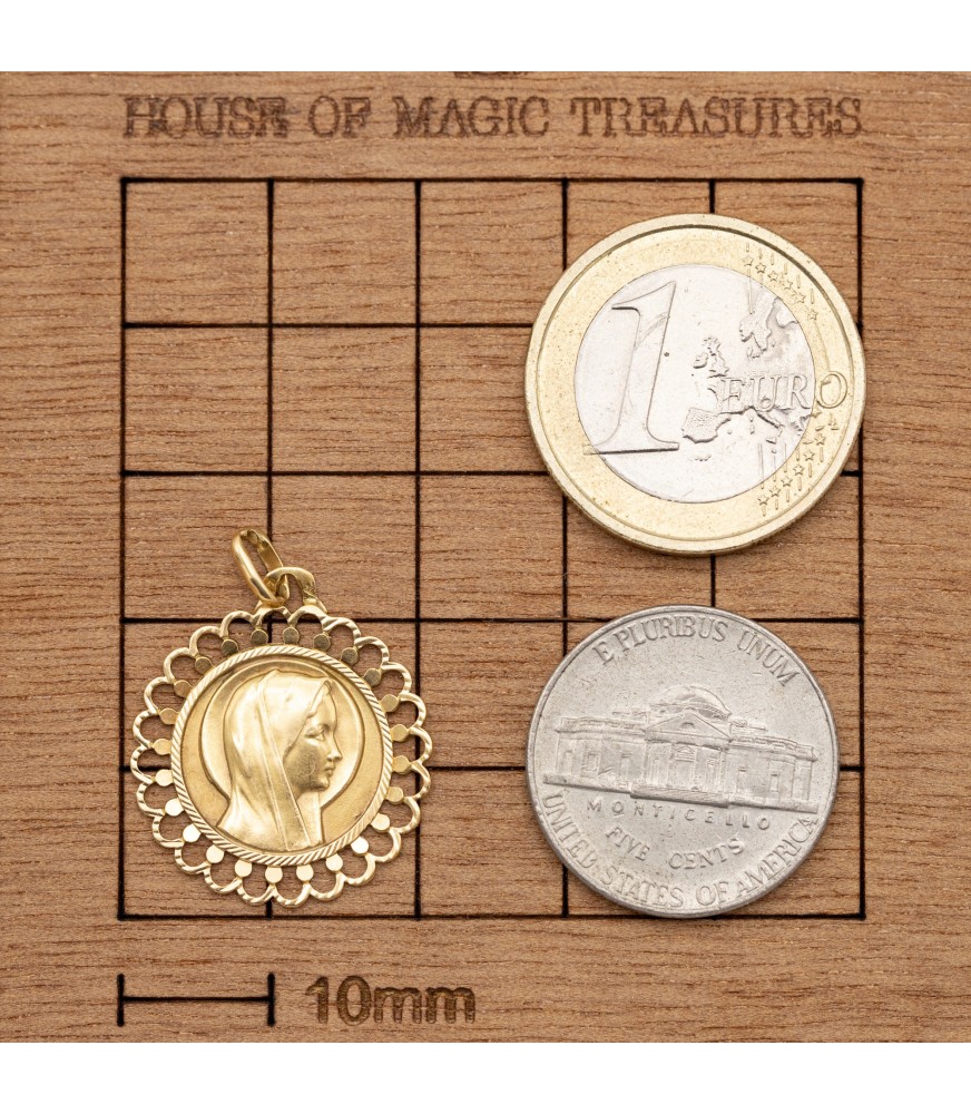 18k French solid yellow gold Virgin Mary charm - Floral Estate pendant
